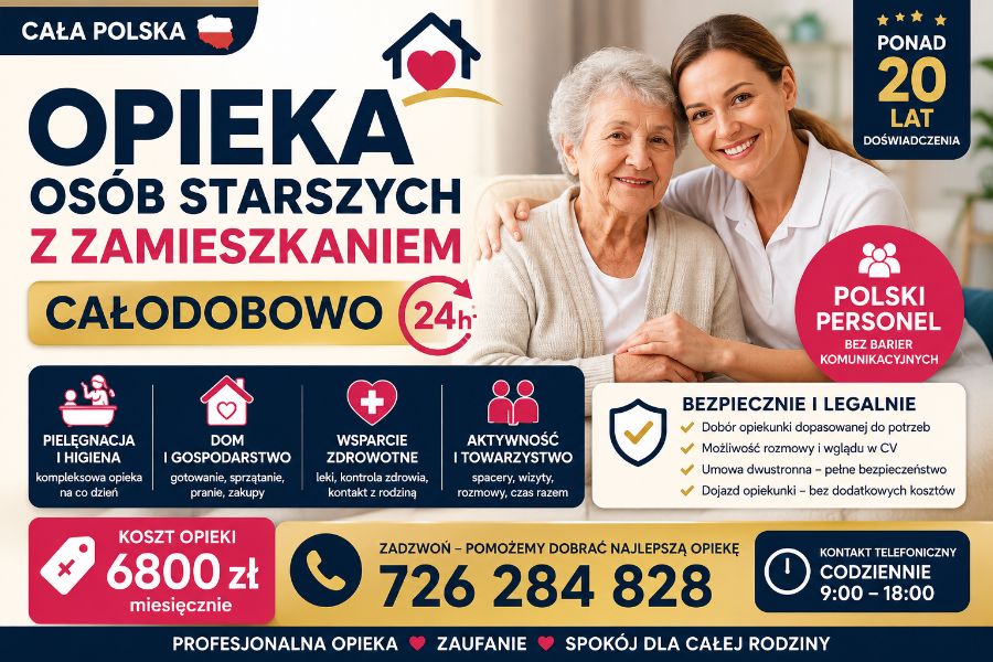 Profesjonalna opiekunka do seniora, opieka z zamieszkaniem, całodobowo  